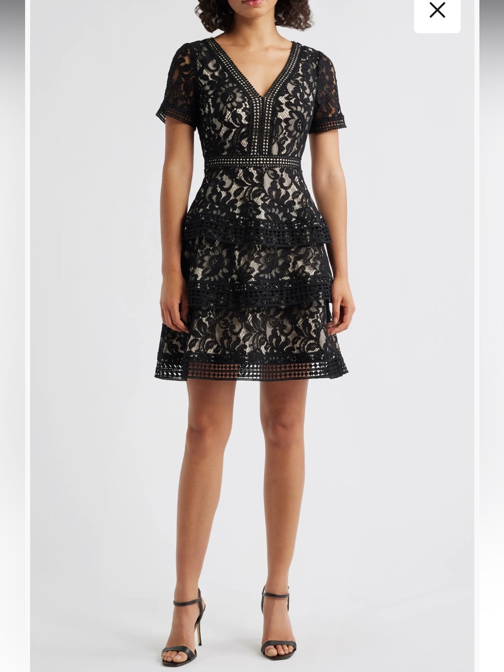 New Eliza J Sz 12 Women’s Nude Black Lace Tiered Mini V-neck Lux Dress Ret $198!